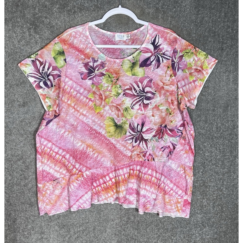Time and Tru Floral Rhinestone Top Womens Sz 2X Pink Tiered Ruffle Hem Slub Knit
